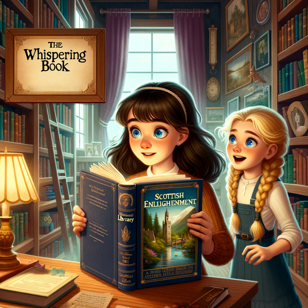 The first chapter of Edinburgh Enigma. Amelia and Bethany are reading a book in The Magic Library.